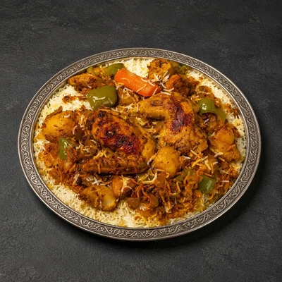 مشخول نثري الست: قطع دجاج متبّلة مع بطاطس وفلفل أخضر وجزر فوق أرز